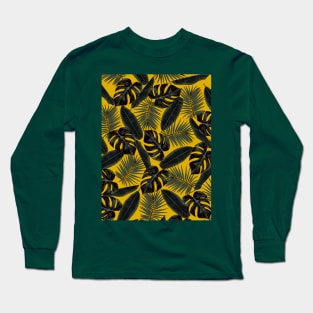 Tropical Black Green Leaves Pattern on Mustard Yellow Long Sleeve T-Shirt